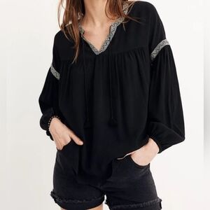 Madewell Women's Black Peasant blouse top  Woven Trip Tassel Ties Size M Boho
